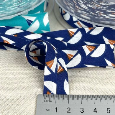 Biais coton imprimé voilier 20mm bleu