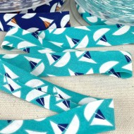 Biais coton imprimé voilier 20mm turquoise Biais coton imprimé voilier 20mm turquoise