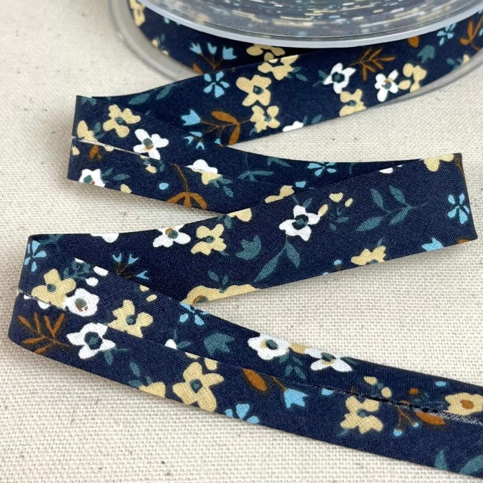 Biais coton imprimé floral 20mm bleu Biais coton imprimé floral 20mm bleu