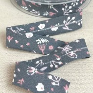 Biais coton imprimé fleurs avril 20mm gris Biais coton imprimé fleurs avril 20mm gris