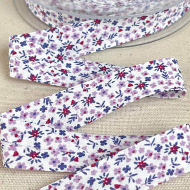 Biais coton imprimé petite fleurs 20mm violette