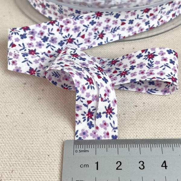 Biais coton imprimé petite fleurs 20mm violette Biais coton imprimé petite fleurs 20mm violette