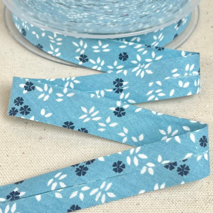 Biais coton imprimé petite fleurs 20mm turquoise Biais coton imprimé petite fleurs 20mm turquoise