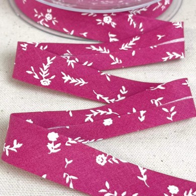 Biais coton imprimé petite fleurs 20mm fuchsia