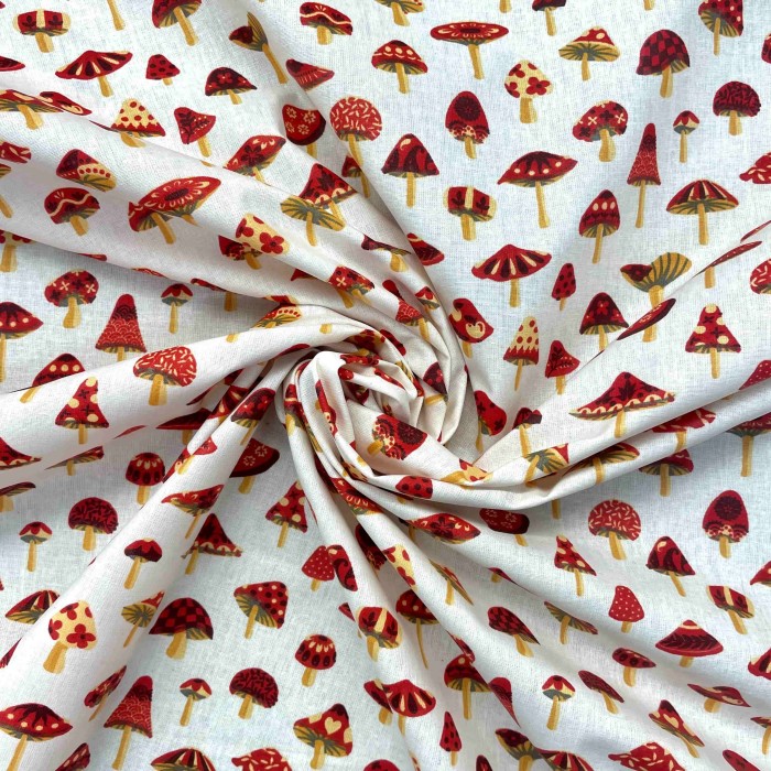 Tissu coton enduit blanche à imprimé champignon
