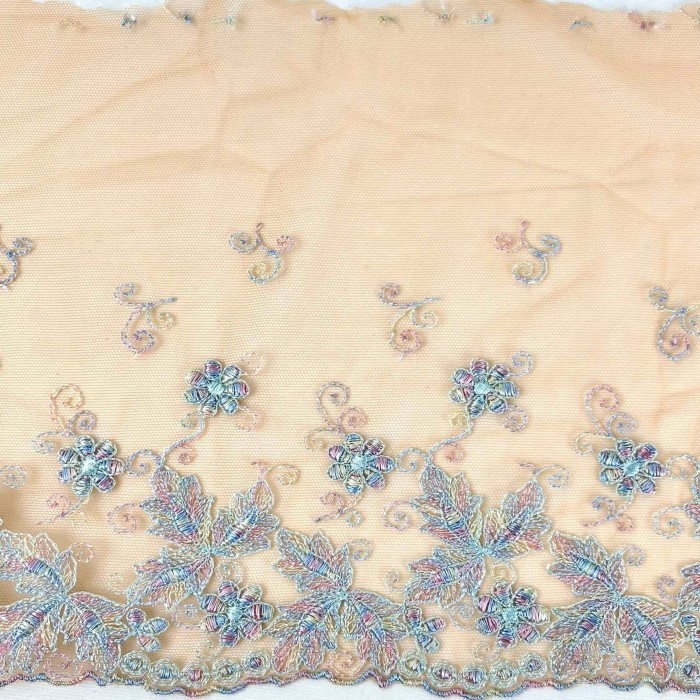 Dentelle fleurs multi-couleur sur tulle orange 21cm