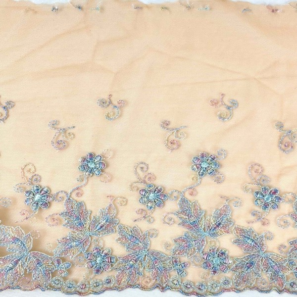 Dentelle fleurs multi-couleur sur tulle orange 21cm Dentelle fleurs multi-couleur sur tulle orange 21cm