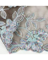 Dentelle fleurs multi-couleur sur tulle marron foncé 21cm