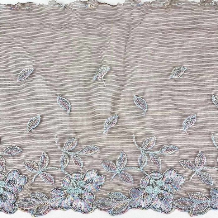 Dentelle fleurs multi-couleur sur tulle marron foncé 21cm