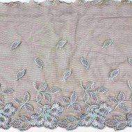 Dentelle fleurs multi-couleur sur tulle marron foncé 21cm