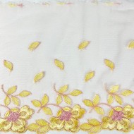 Dentelle fleurs jaunes sur tulle pêche 21cm