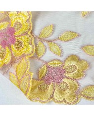 Dentelle fleurs jaunes sur tulle pêche 21cm