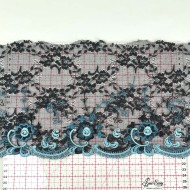 Dentelle fleurs bleus sur tulle noir 21cm