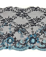 Dentelle fleurs bleus sur tulle noir 21cm