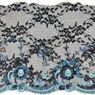 Dentelle fleurs bleus sur tulle noir 21cm