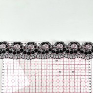 Guipure festonné rose sur tulle noir 6cm