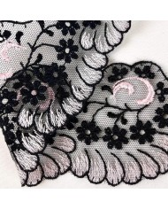 Guipure festonné rose sur tulle noir 6cm