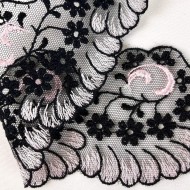 Guipure festonné rose sur tulle noir 6cm