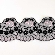 Guipure festonné rose sur tulle noir 6cm