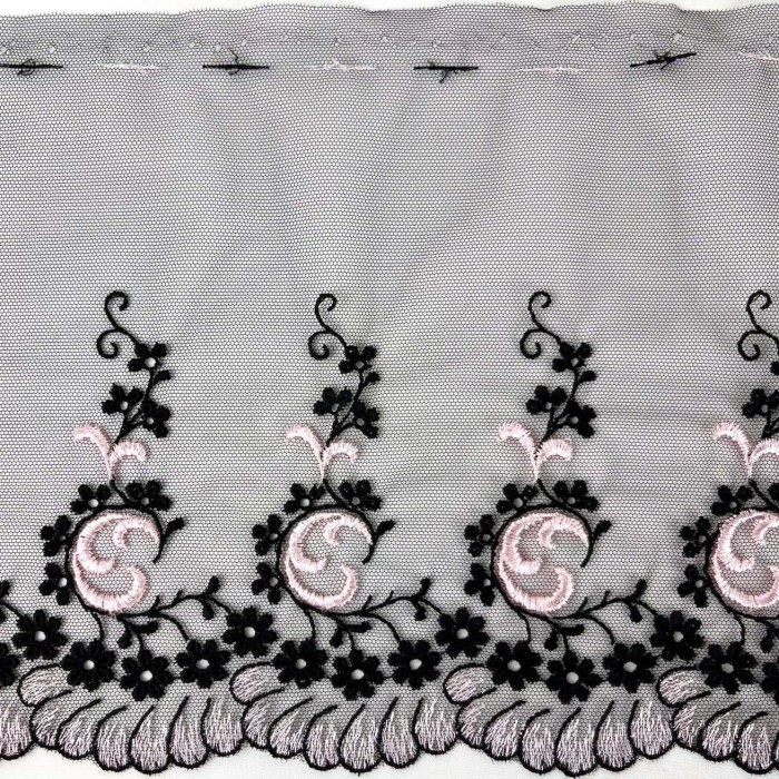 Dentelle festonée rose sur tulle noir 19cm