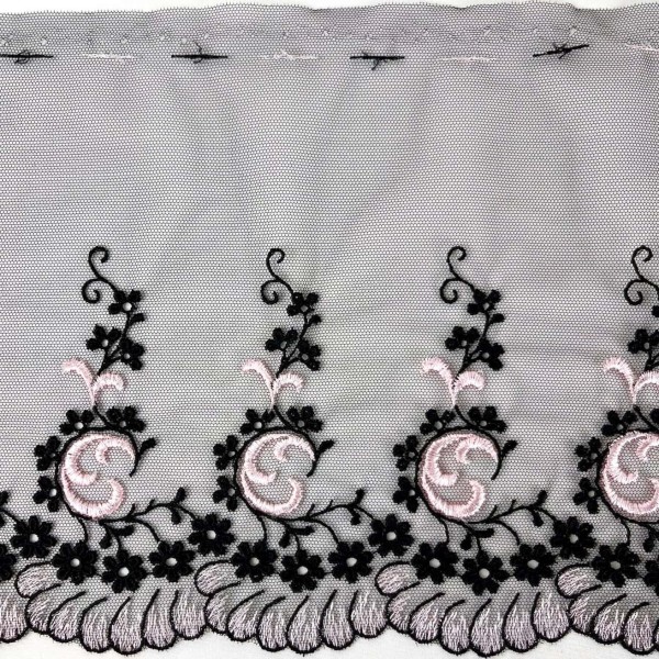 Dentelle festonée rose sur tulle noir 19cm Dentelle festonée rose sur tulle noir 19cm