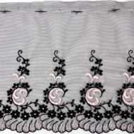 Dentelle festonée rose sur tulle noir 19cm