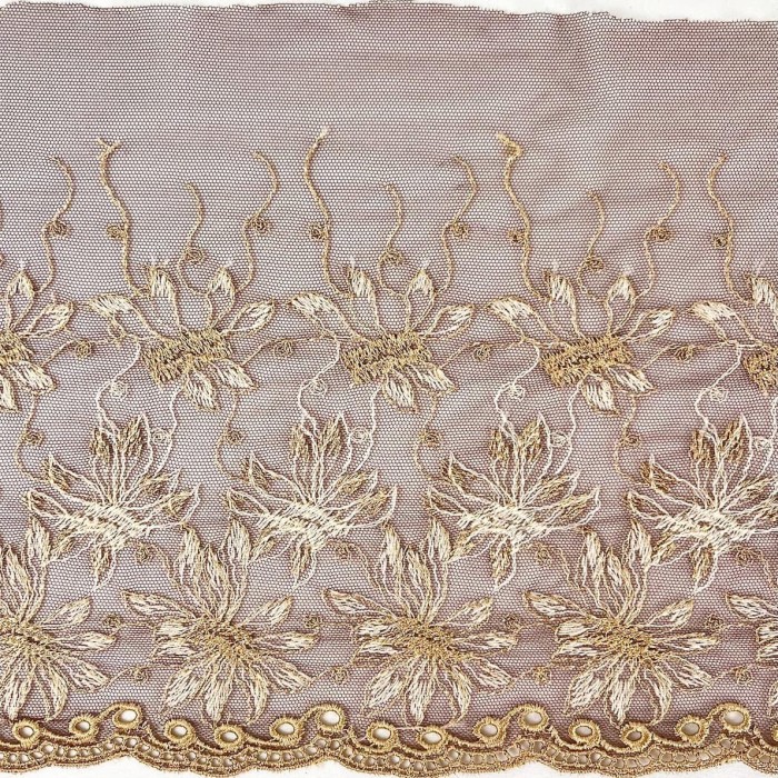 Dentelle fleurs blanches dorés sur tulle marron 20cm