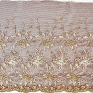 Dentelle fleurs blanches dorés sur tulle marron 20cm