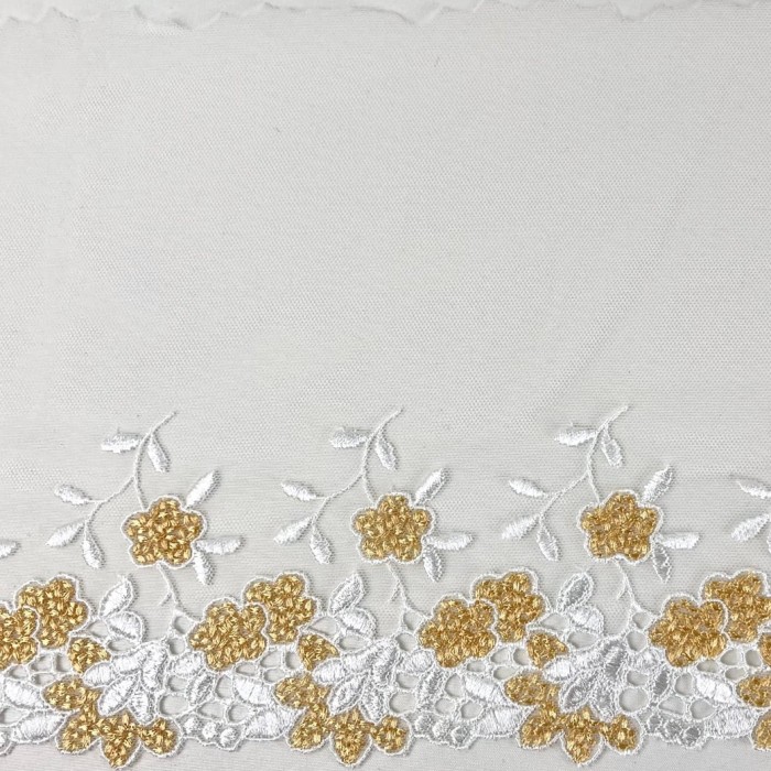 Dentelle fleurs dorés sur tulle blanc 18cm