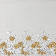 Dentelle fleurs dorés sur tulle blanc 18cm