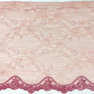 Dentelle fleurs roses sur tulle rose 21cm
