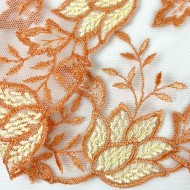 Dentelle feuilles jaunes oranges sur tulle blanc 20cm Dentelle feuilles jaunes oranges sur tulle blanc 20cm