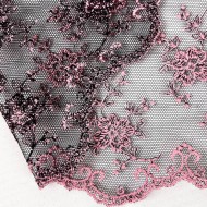 Dentelle glycines roses sur tulle noir 13cm Dentelle glycines roses sur tulle noir 13cm