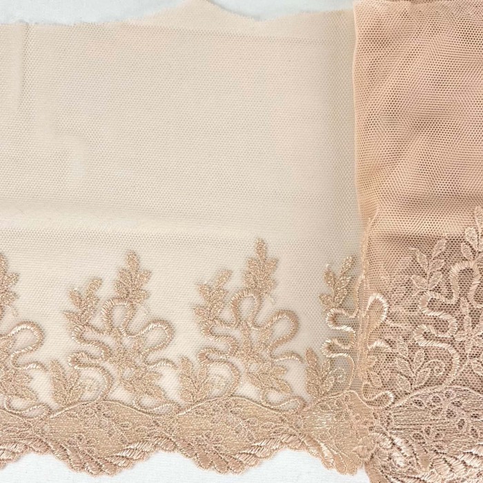 Dentelle fleurs pêches sur tulle pêche 19cm Dentelle fleurs pêches sur tulle pêche 19cm