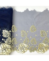 Dentelle fleurs citrons sur tulle bleu marine 17cm Dentelle fleurs citrons sur tulle bleu marine 17cm