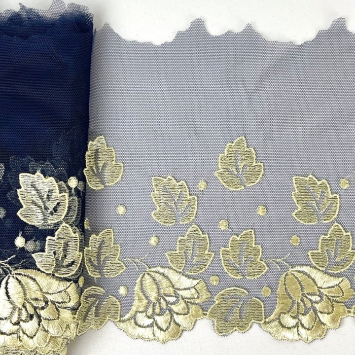 Dentelle fleurs citrons sur tulle bleu marine 17cm Dentelle fleurs citrons sur tulle bleu marine 17cm