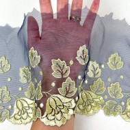 Dentelle fleurs citrons sur tulle bleu marine 17cm Dentelle fleurs citrons sur tulle bleu marine 17cm