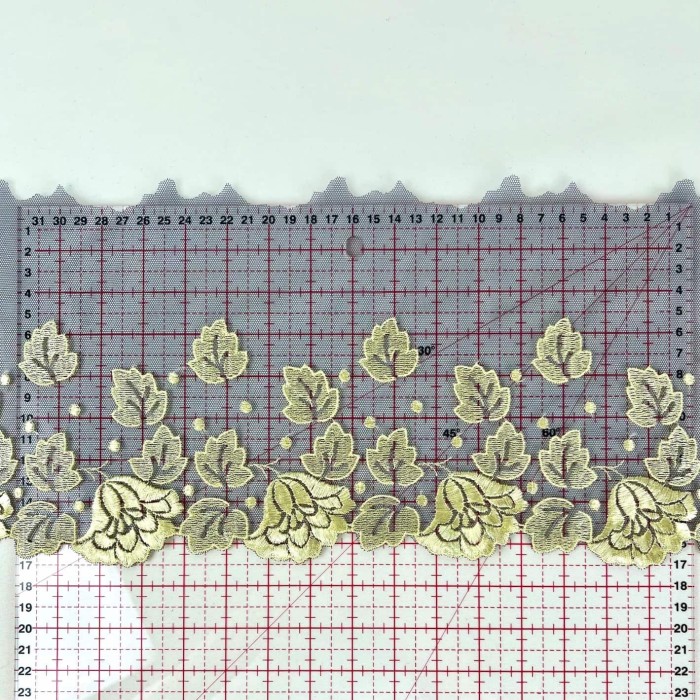 Dentelle fleurs citrons sur tulle bleu marine 17cm Dentelle fleurs citrons sur tulle bleu marine 17cm