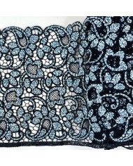 Dentelle macramé fleurs bleues sur noir 14cm Dentelle macramé fleurs bleues sur noir 14cm