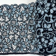 Dentelle macramé fleurs bleues sur noir 14cm Dentelle macramé fleurs bleues sur noir 14cm