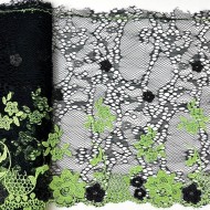 Dentelle fleurs néon vert sur tulle noir 21cm