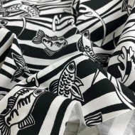 Tissu coton gabardine poisson noir blanc