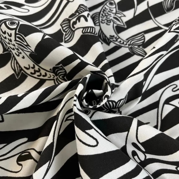 Tissu coton gabardine poisson noir blanc Tissu coton gabardine poisson noir blanc