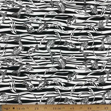 Tissu coton gabardine poisson noir blanc