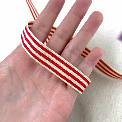 Galon rayure rouge écru 15 mm
