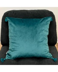 Housse de Coussin en velours avec pompon Coulisse bleu canard - Tissu d'éditeur