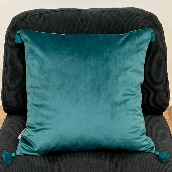 Housse de Coussin en velours avec pompon Coulisse bleu canard - Tissu d'éditeur