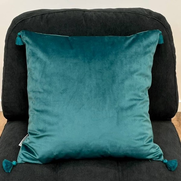 Housse de Coussin en velours avec pompon Coulisse bleu canard - Tissu d'éditeur