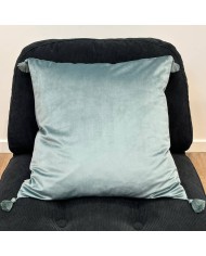 Housse de Coussin en velours avec pompon Coulisse bleu gris - Tissu d'éditeur