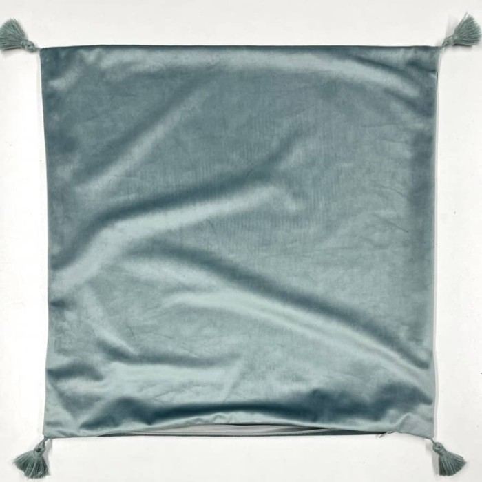 Housse de Coussin en velours avec pompon Coulisse bleu gris - Tissu d'éditeur